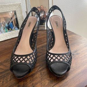 miu miu black lace fishnet heels
